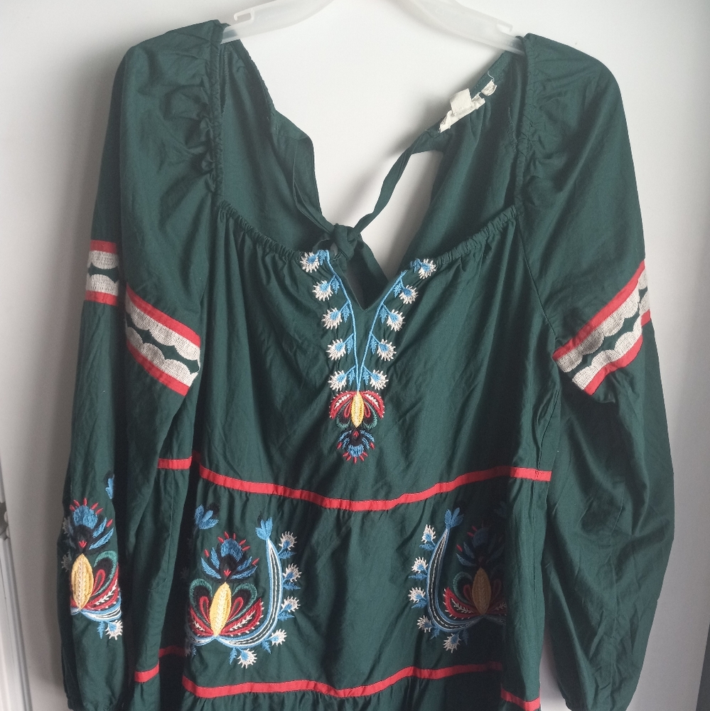 Anthropologie Let Me Be Embroidered Womens Green Dress Tunic Size Medium